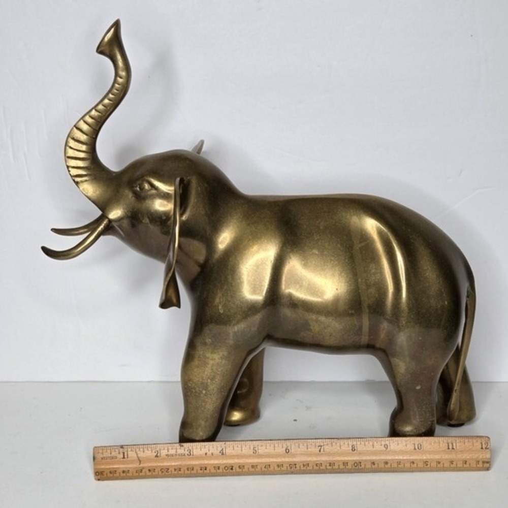 Vintage Mid Century Solid Brass Elephant Figurine Trunks Up Good Luck Decor 13" - Picture 4 of 11